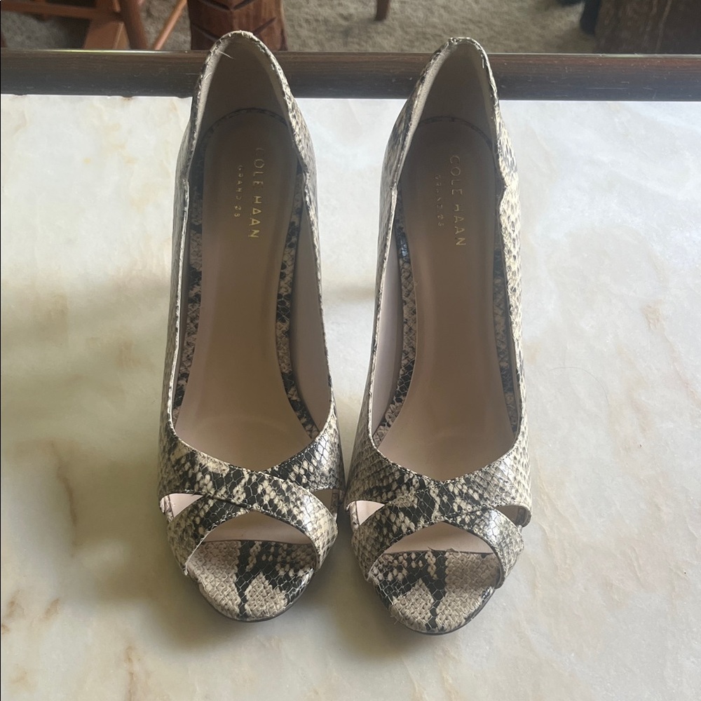 Cole Haan Women's Beige Snakeskin Peep Toe Heels